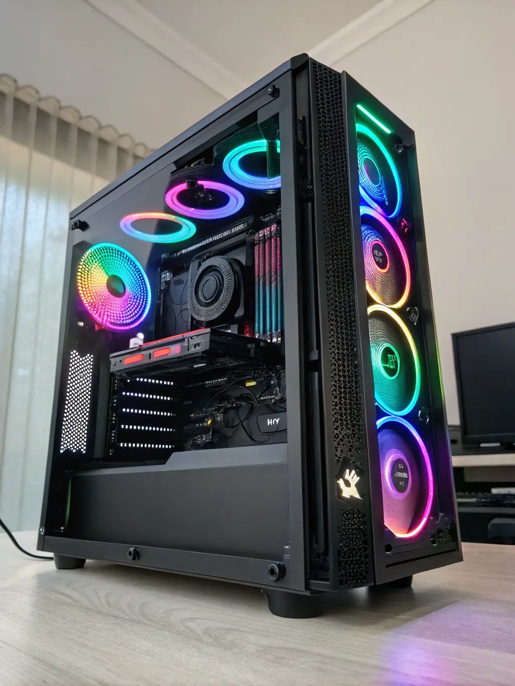 A high-performance custom-built gaming PC with vibrant RGB lighting, reflecting the power and customization options available at ML Solutions IT Services.