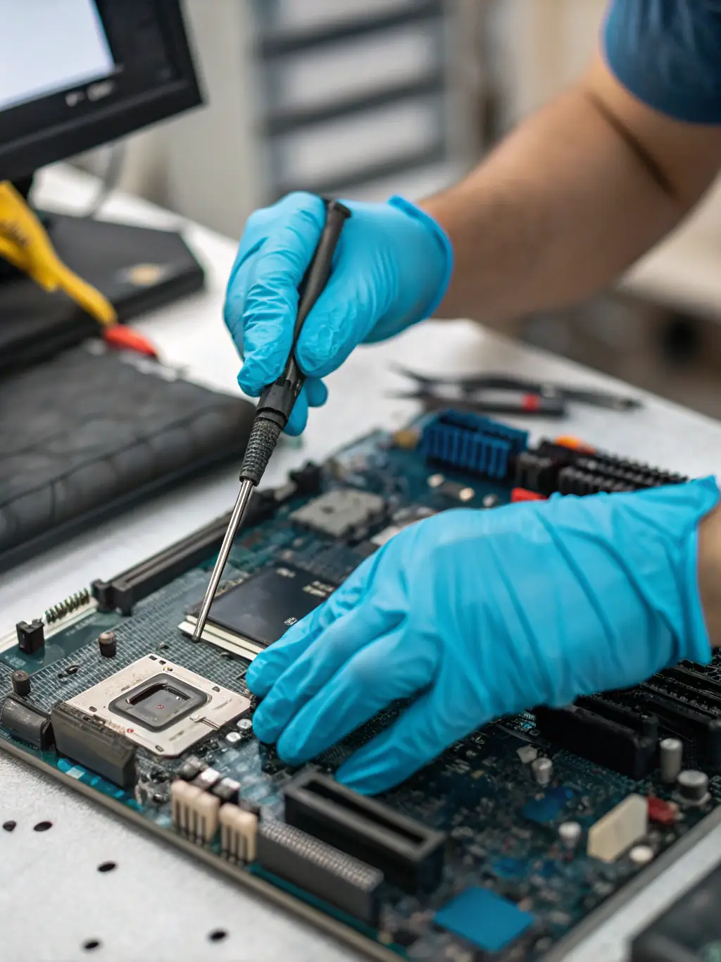 A close-up shot of a technician meticulously repairing the motherboard of a desktop computer, showcasing precision and expertise in PC repairs for ML Solutions IT Services.