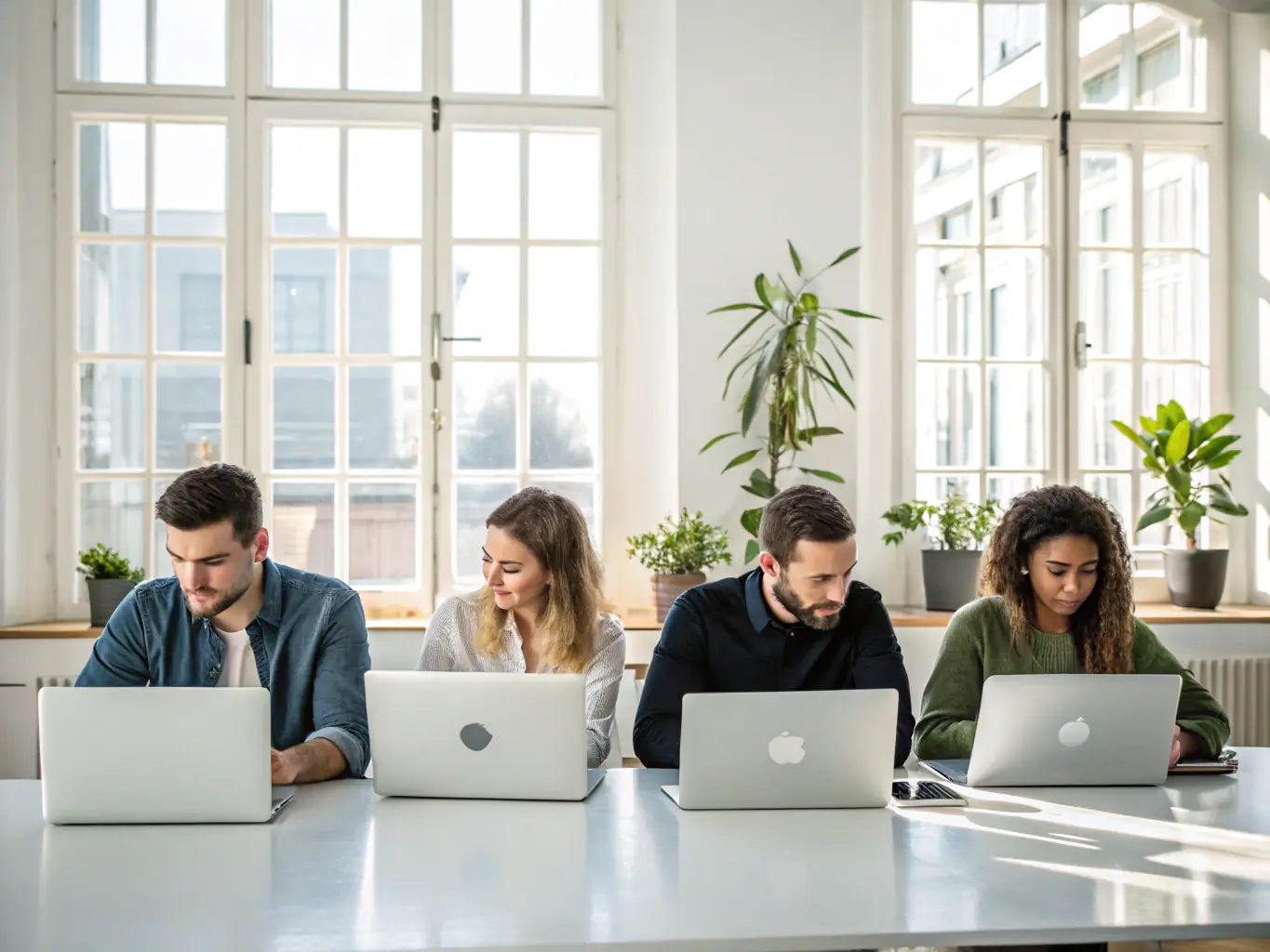 An image showing a team collaborating on Office365 applications on various devices, symbolizing enhanced productivity and collaboration in a modern office setting. The image should convey a sense of teamwork and efficiency.