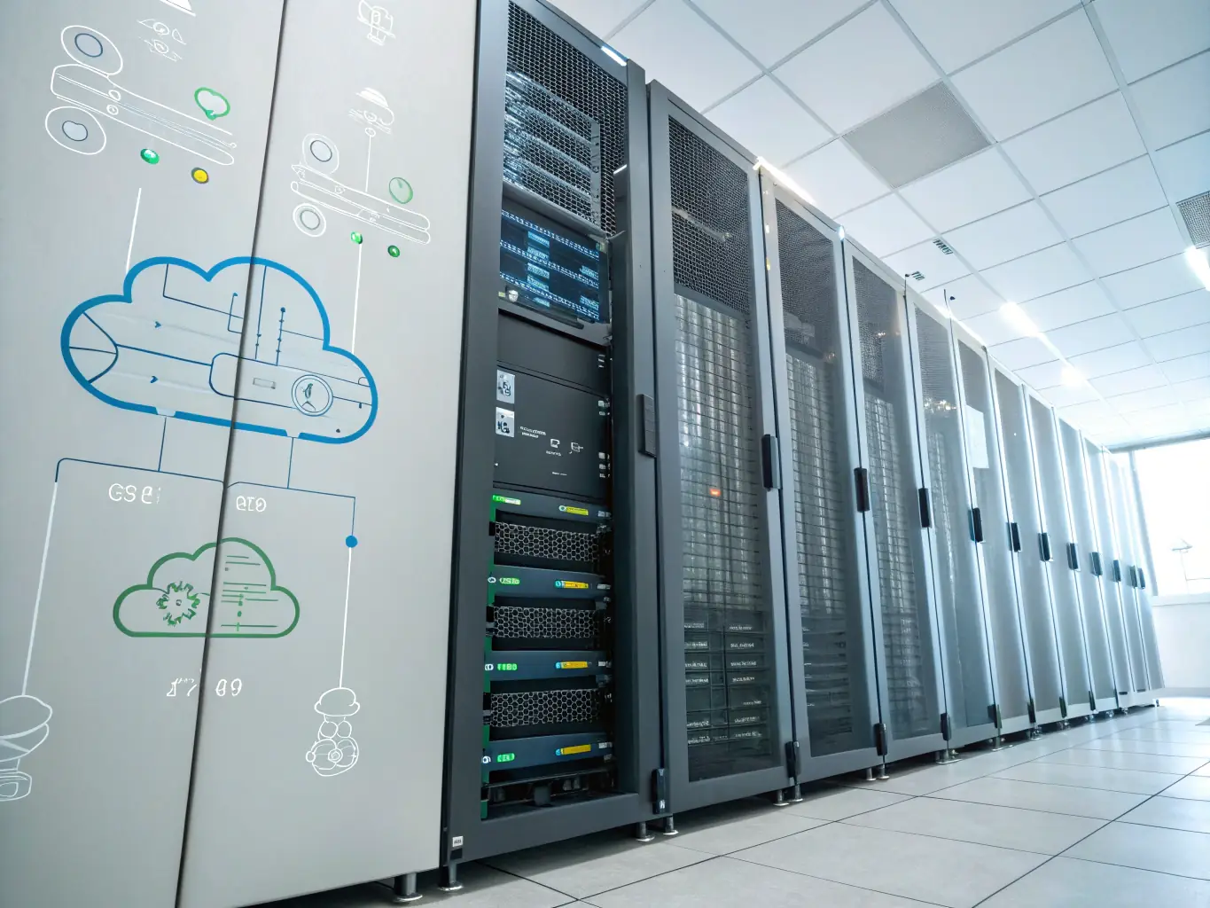 An image of a cloud infrastructure diagram with Google Cloud branding, illustrating scalable and flexible cloud infrastructure for data storage, computing, and application deployment. The image should emphasize the reliability and security of Google Cloud.