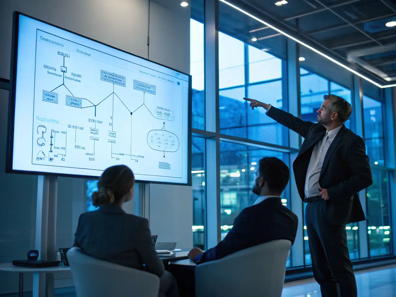 A consultant reviewing a network diagram with a client in a modern office setting, emphasizing strategic IT planning.