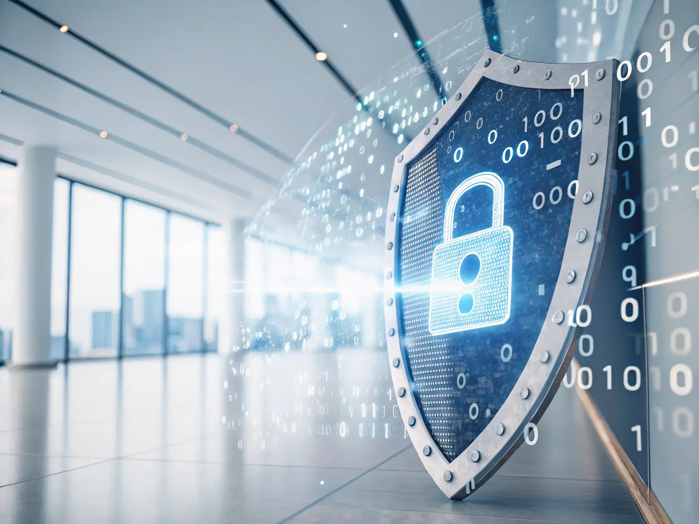 A digital shield icon with a lock inside, surrounded by data streams, illustrating IT security and data protection.