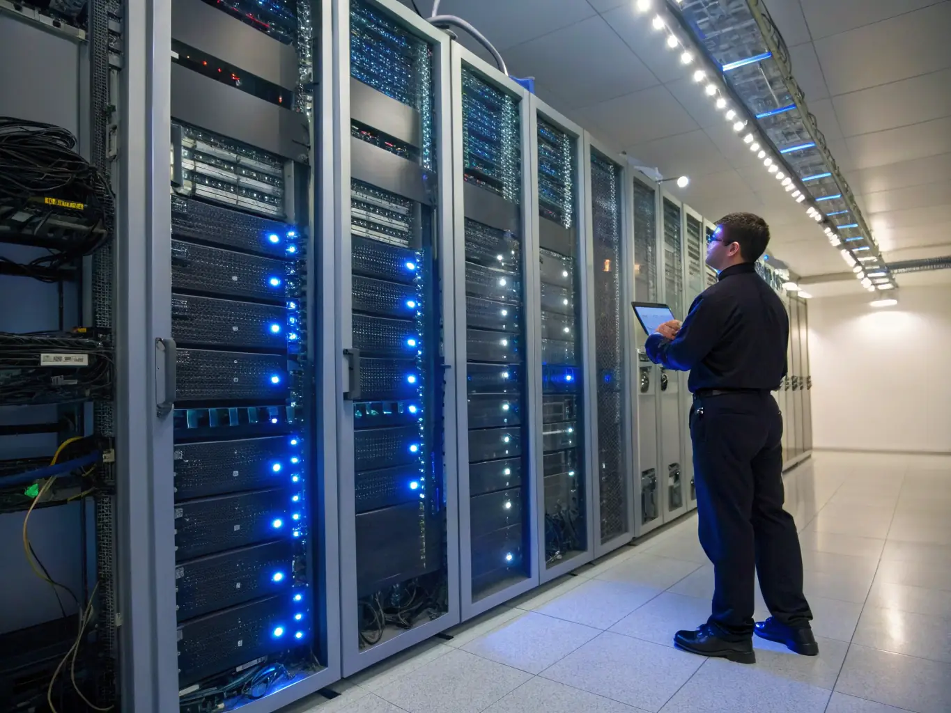 A brightly lit server room with blinking lights and a technician working on a server rack, symbolizing IT infrastructure and automation.
