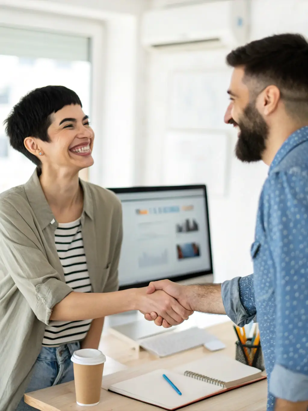 A photo of Mario shaking hands with a satisfied client in front of a computer screen displaying automation results.
